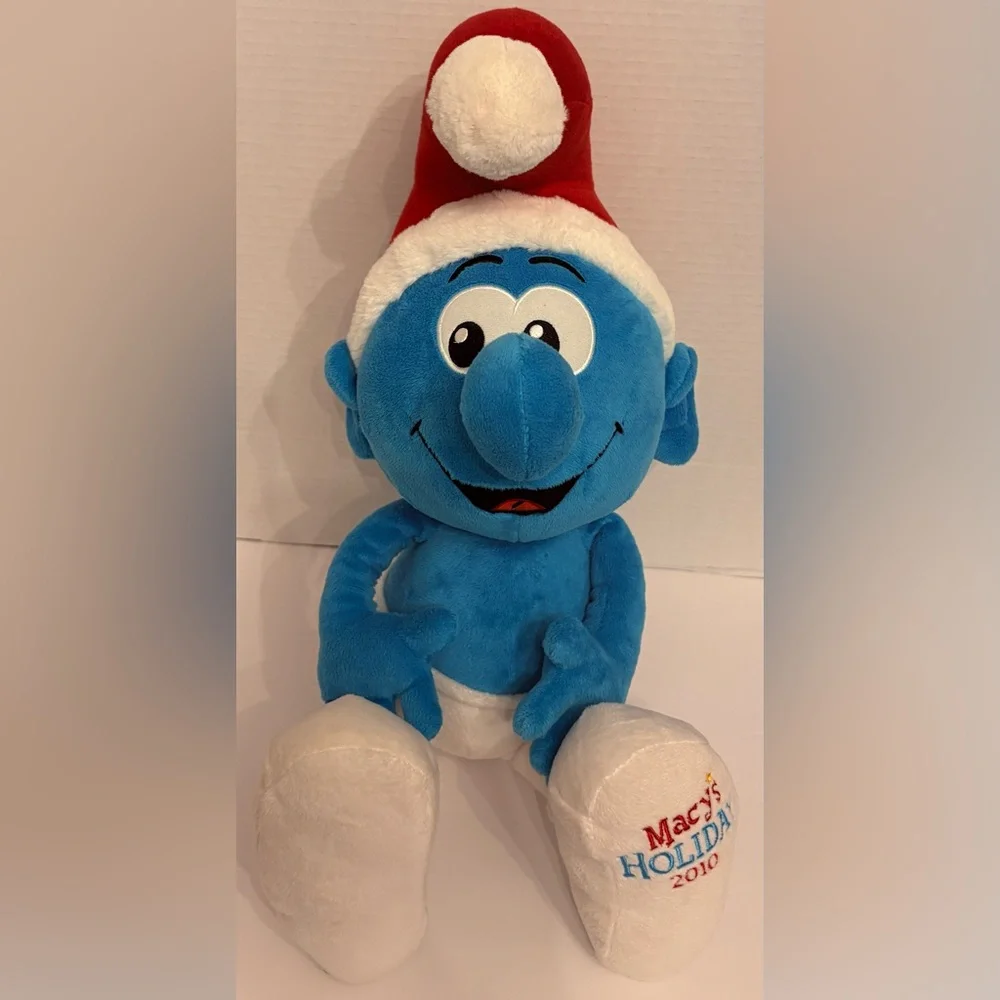 Macys Christmas Holiday 2010 Sitting Smurf Plush w/ Santa Hat Stuffed Animal.